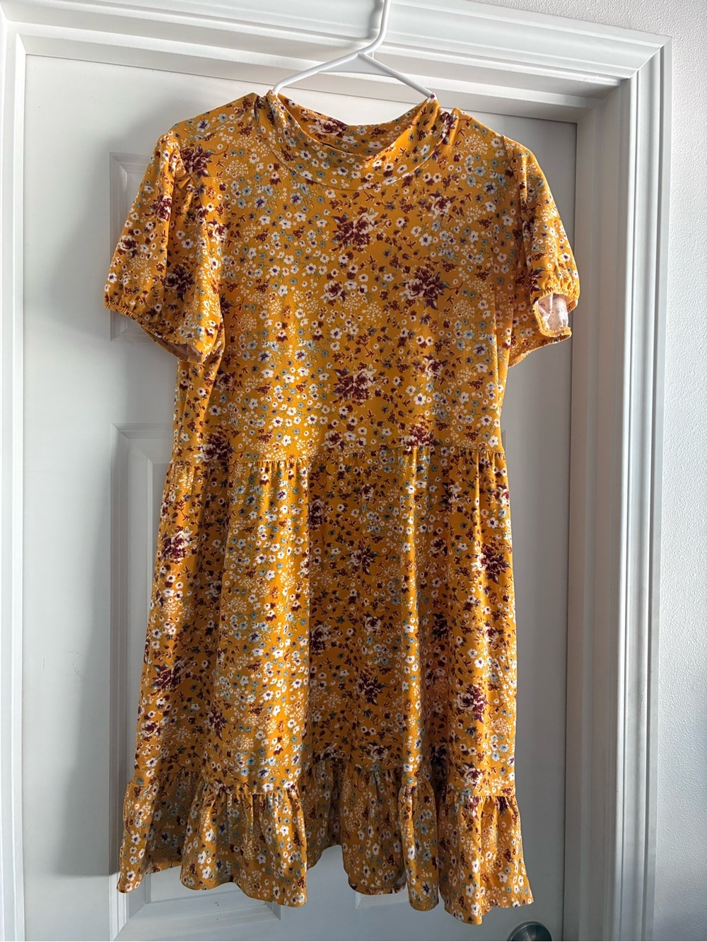 Rue21 XL Mustard Yellow Floral Midi Dress Short Sleeve Boho Ruffle